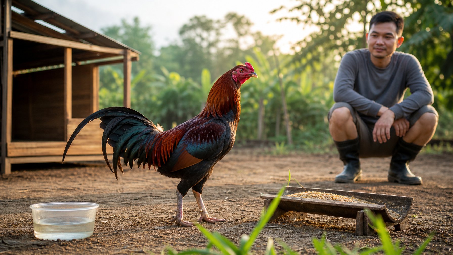 Ayam jantan sehat berdiri di kandang bersih dengan tempat makan, air minum, dan area latihan.