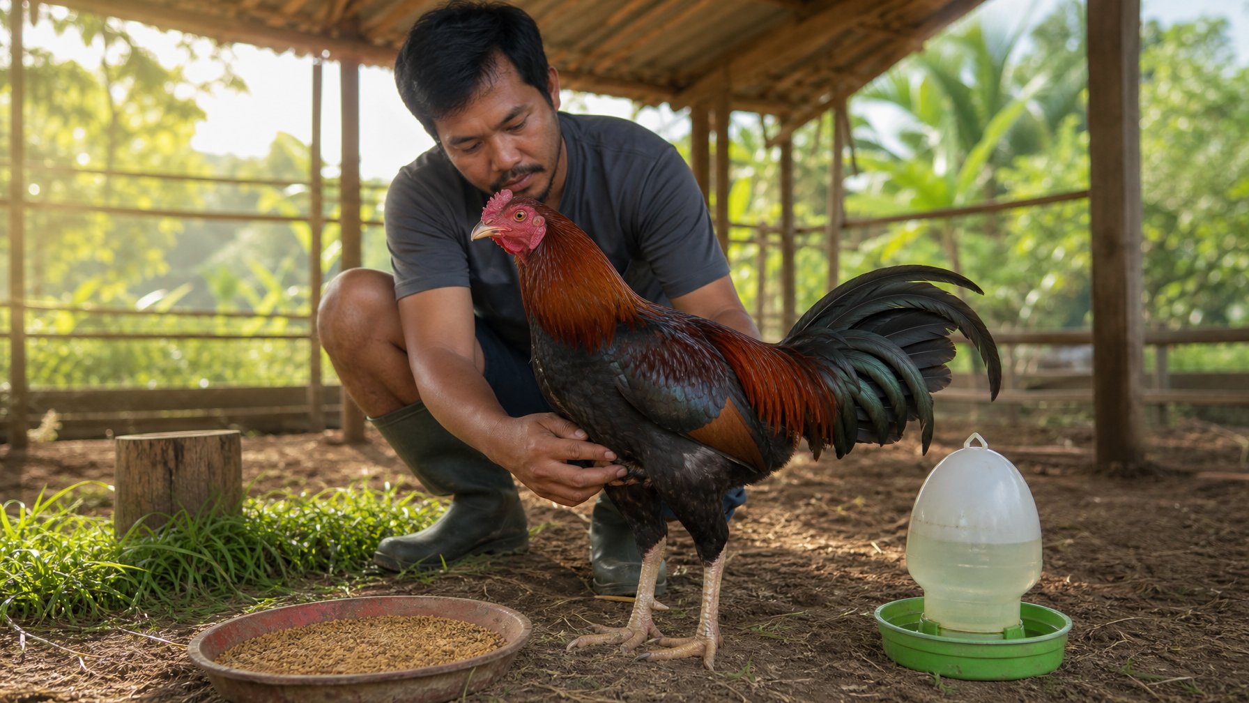 Ayam jantan sehat dirawat di lingkungan kandang yang bersih dengan pakan, air, dan tempat berteduh.