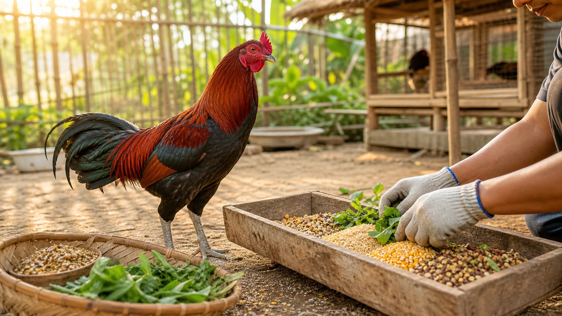 Ayam jago Bangkok sehat berdiri di halaman peternakan dengan wadah berisi campuran pakan alami di dekatnya.