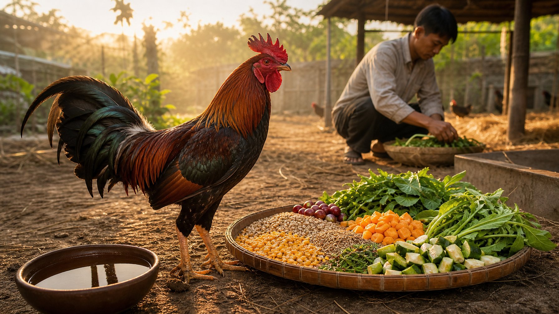 Ayam Bangkok sehat berdiri di dekat nampan berisi pakan alami dan mangkuk air di lingkungan peternakan yang bersih.