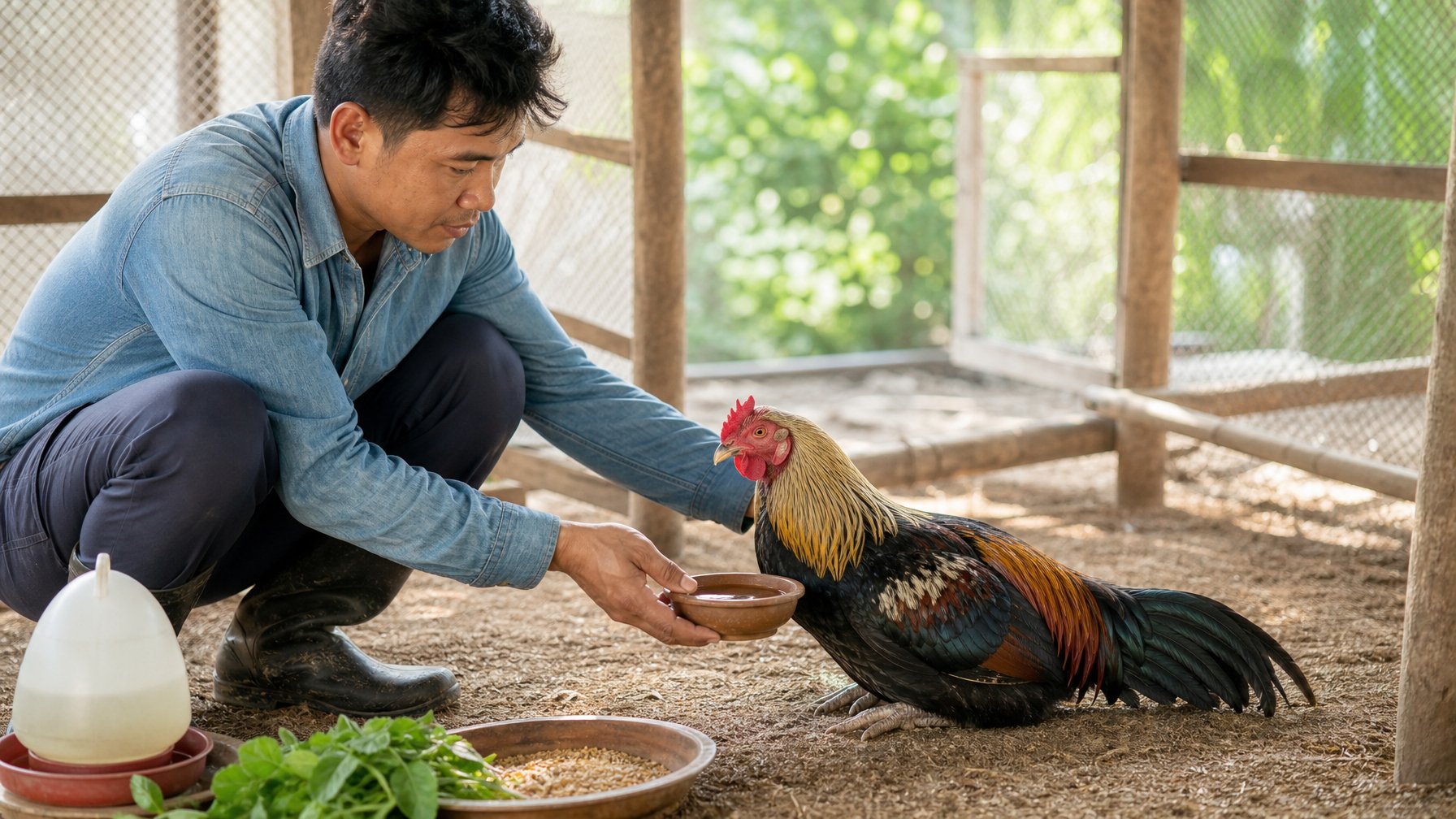 Seorang peternak merawat ayam jago yang sedang kurang sehat di kandang yang bersih.