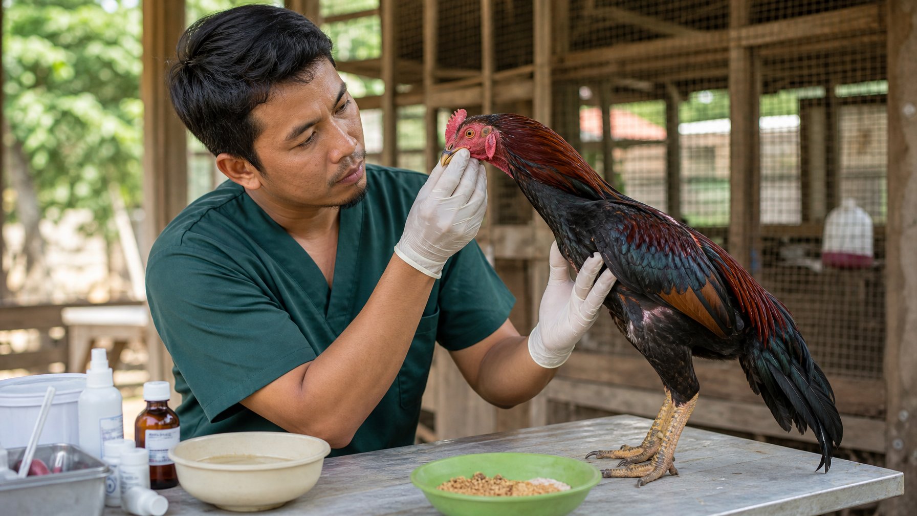 Seorang peternak memeriksa ayam jantan yang tampak lesu di area perawatan unggas.
