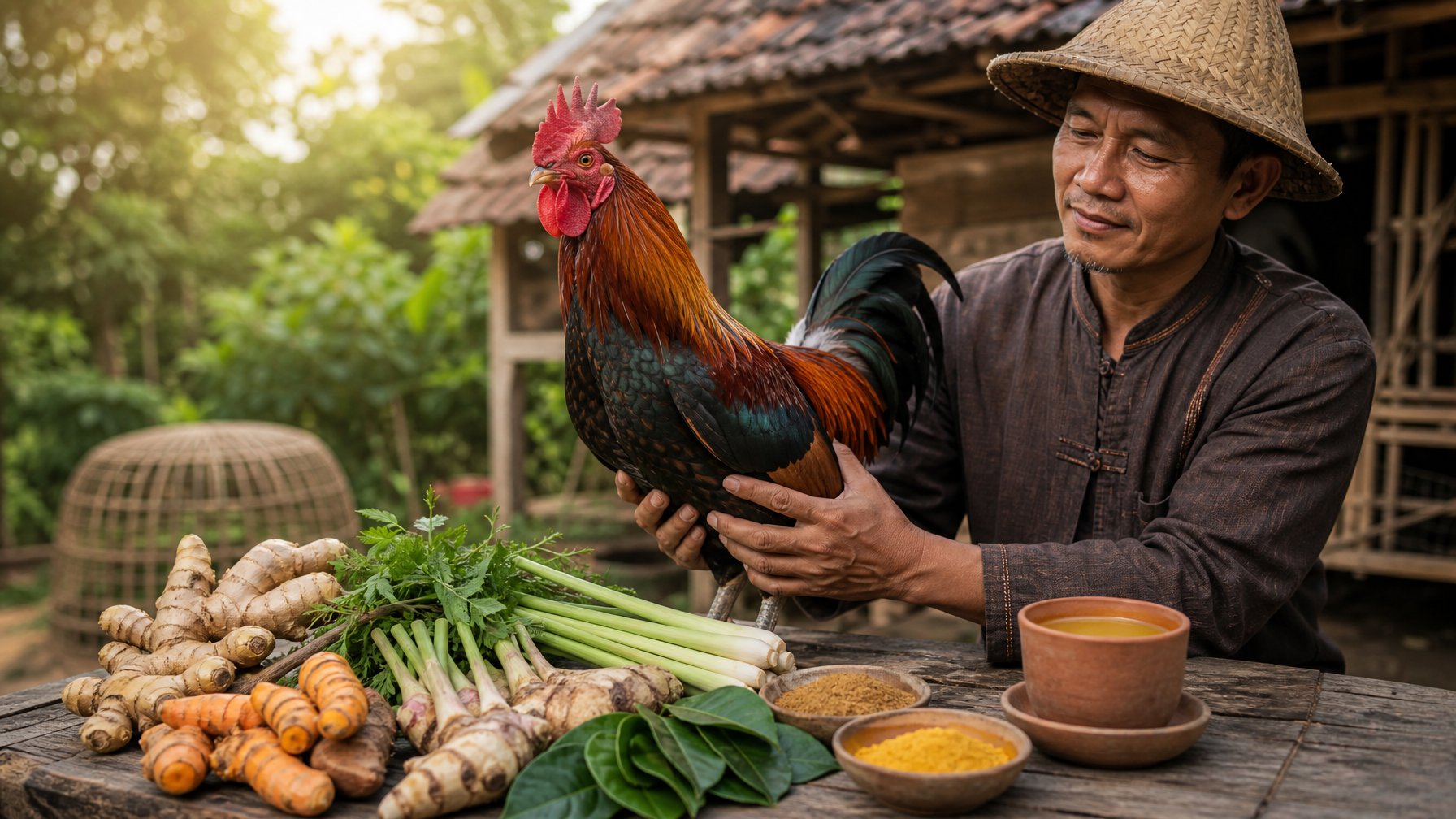 Seorang peternak merawat ayam jantan sehat di dekat bahan-bahan jamu tradisional alami.