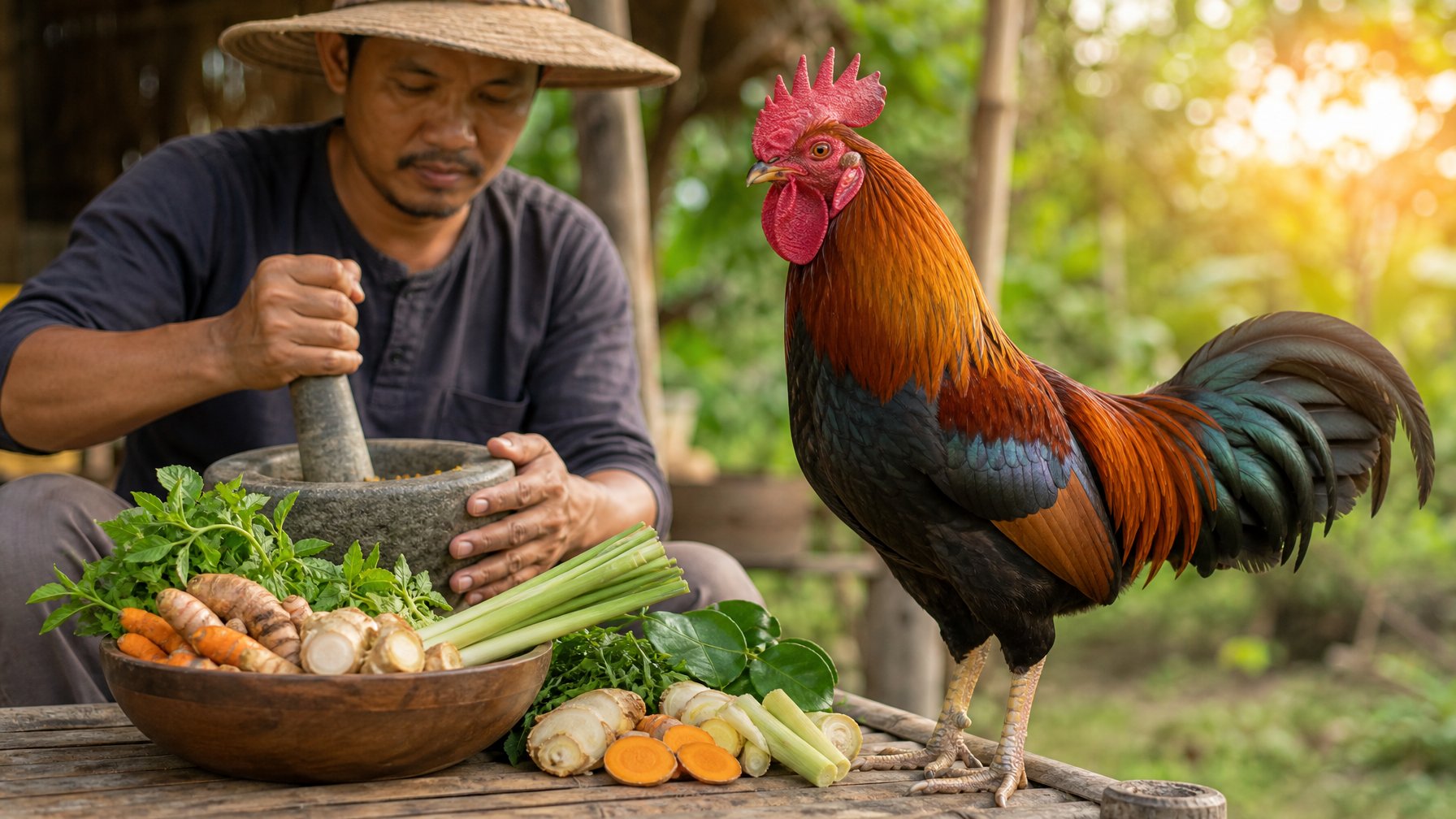 Ayam jantan sehat berdiri di dekat mangkuk berisi rempah dan daun herbal yang sedang disiapkan oleh seorang perawat ayam.