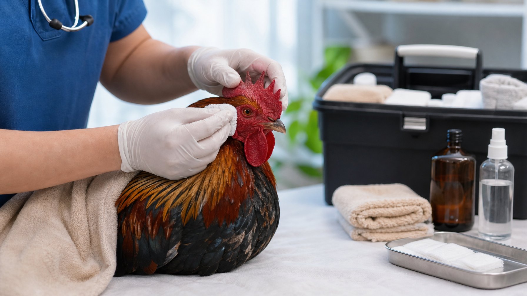 Ayam jantan dirawat dengan lembut oleh seseorang yang membersihkan luka kecil di ruang perawatan hewan.