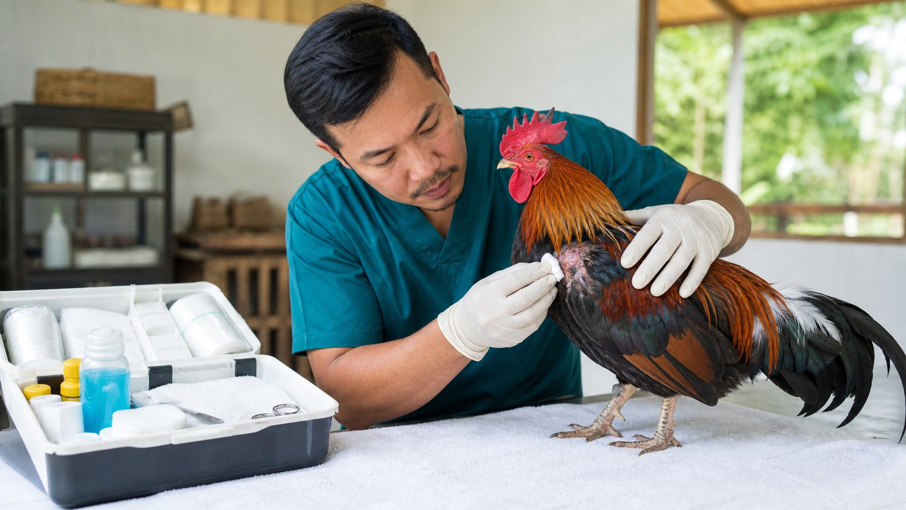 Petugas merawat ayam yang terluka dengan perlengkapan pertolongan pertama di ruang pemeriksaan yang bersih.