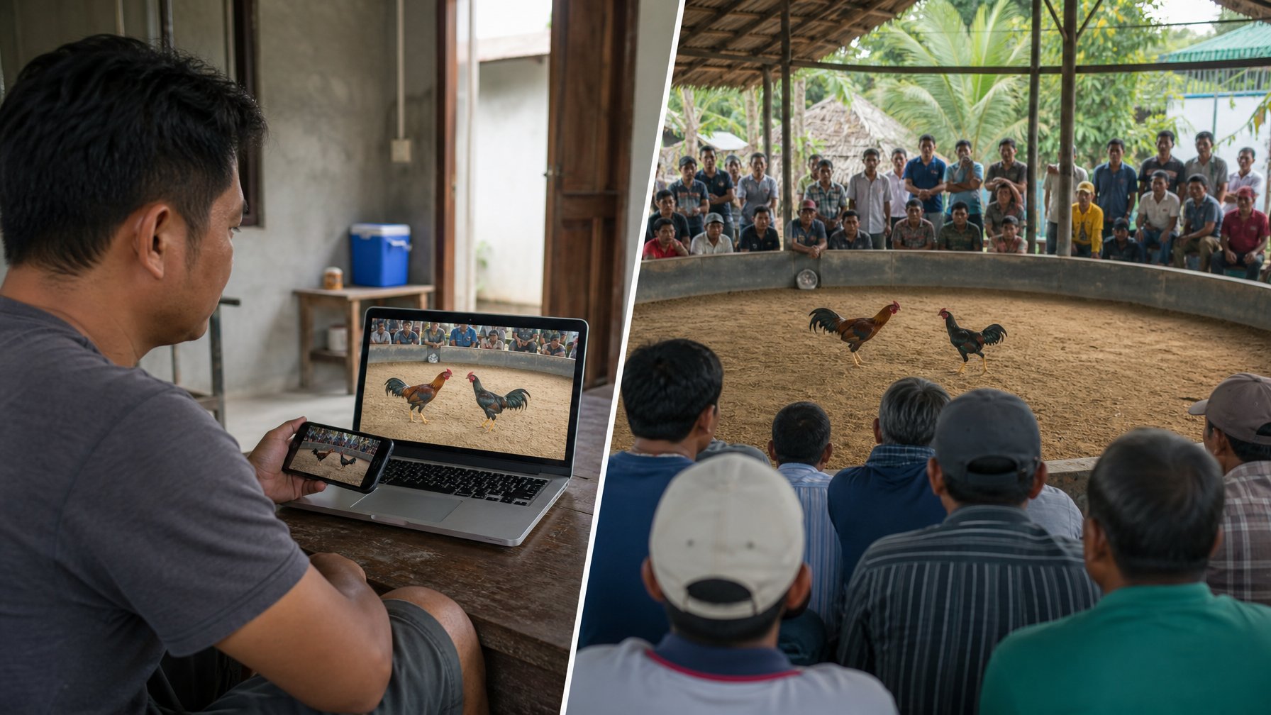 Seseorang menonton siaran langsung dari rumah, sementara di sisi lain penonton menyaksikan acara sabung ayam secara langsung.