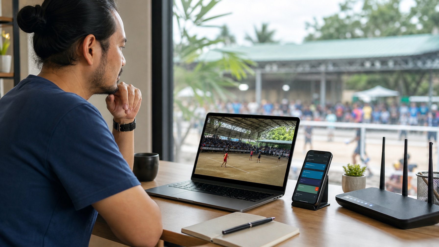 Seorang penonton dewasa menyaksikan siaran langsung netral di laptop dari rumah, dengan suasana arena luar ruang yang tampak samar di latar belakang.