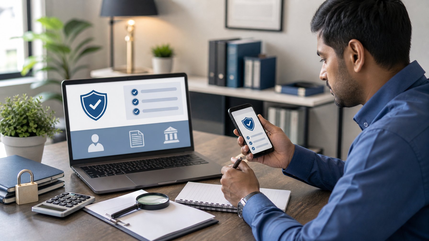 Seseorang memeriksa keamanan dan kredibilitas platform online menggunakan laptop, ponsel, dokumen, serta simbol perlindungan.