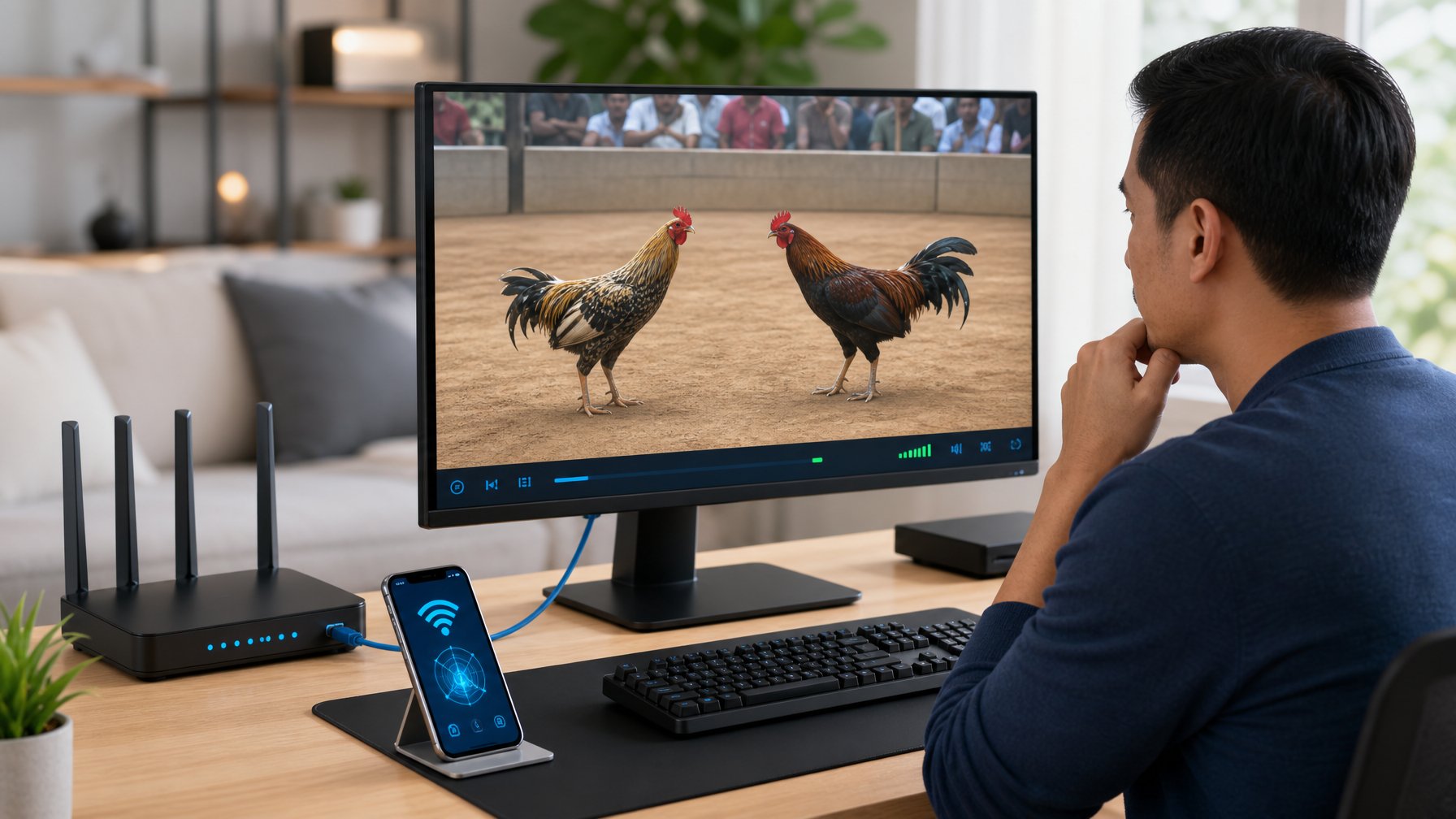 Seseorang menonton siaran pertandingan sabung ayam melalui komputer dengan router dan kabel internet di meja.