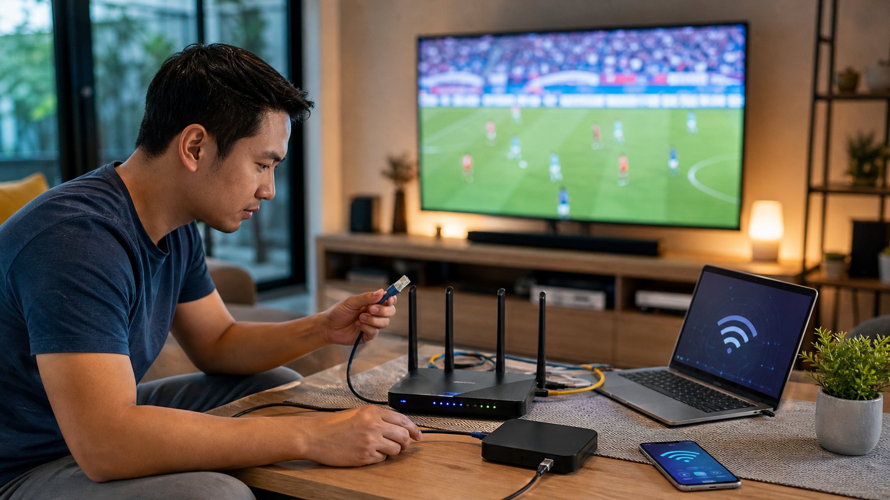 Seseorang memeriksa router, kabel internet, dan perangkat streaming di ruang tamu.