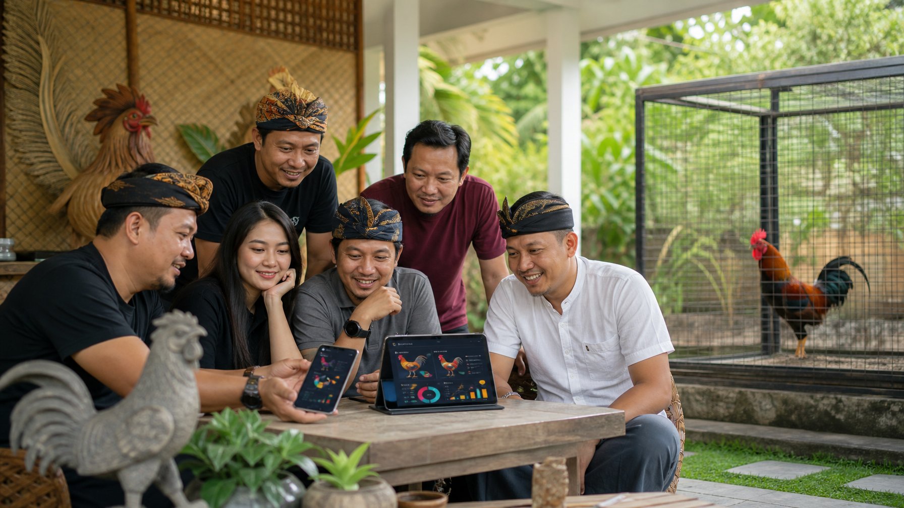 Sekelompok penghobi dewasa mengamati perangkat digital dengan latar budaya ayam jago dan suasana tropis.