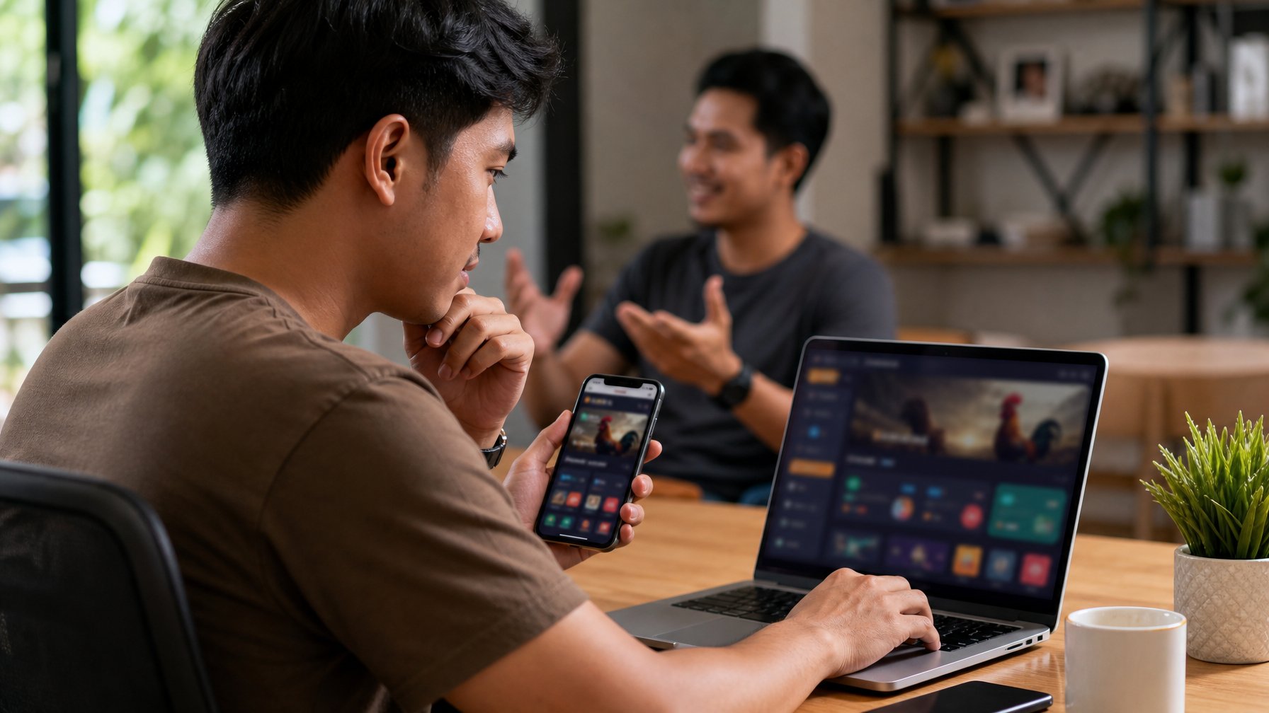 Dua penghobi di Indonesia membahas platform digital bertema sabung ayam melalui laptop dan ponsel di ruang kerja modern.