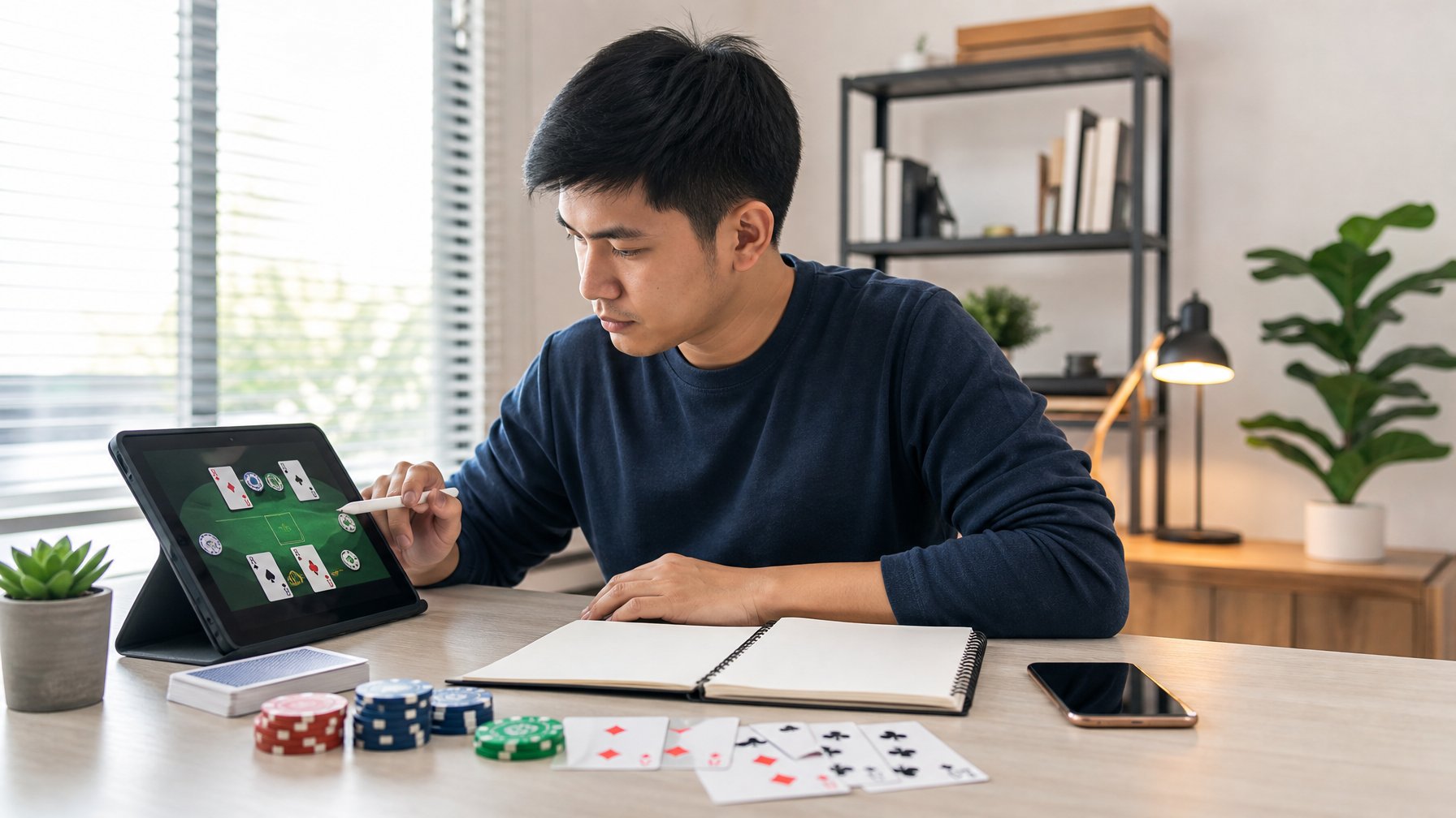 Seorang pemula mempelajari permainan kartu digital di meja kerja dengan kartu, chip, dan buku catatan.