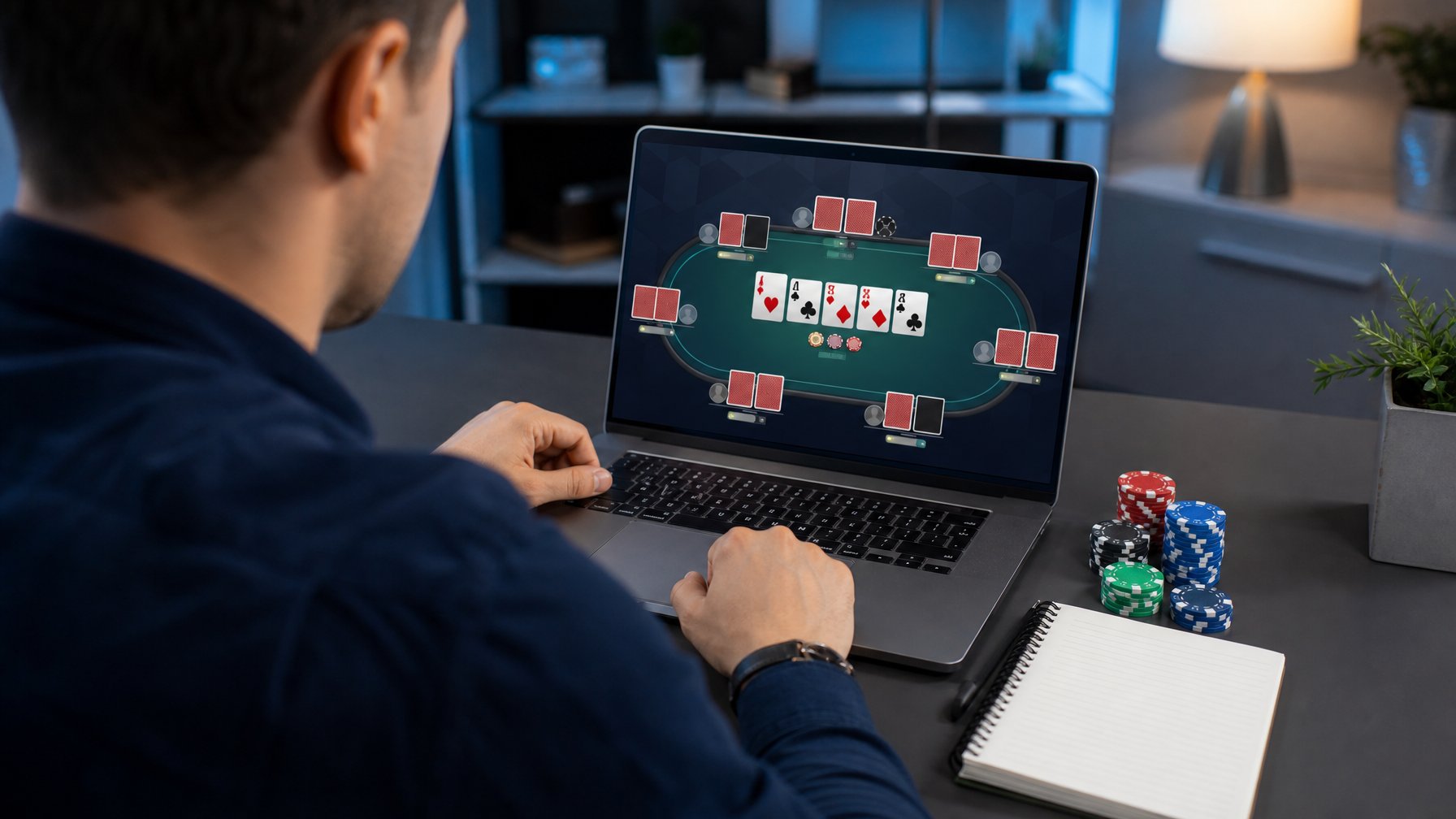 Seorang pemain dewasa mempertimbangkan strategi taruhan permainan kartu online di depan laptop dengan chip dan buku catatan kosong di meja.