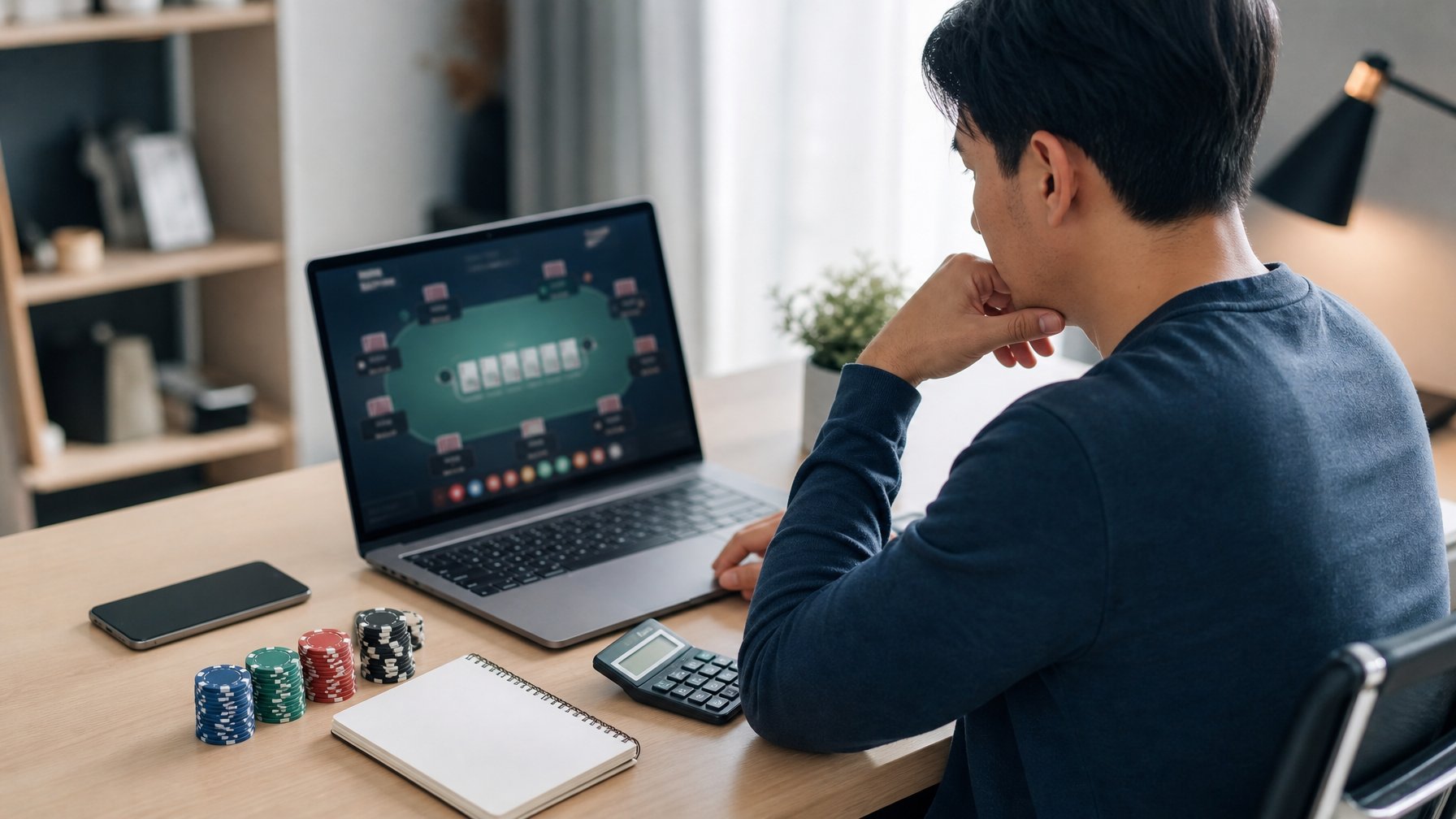 Seseorang meninjau permainan ceme online dan mengatur modal serta batas risiko di meja kerja.