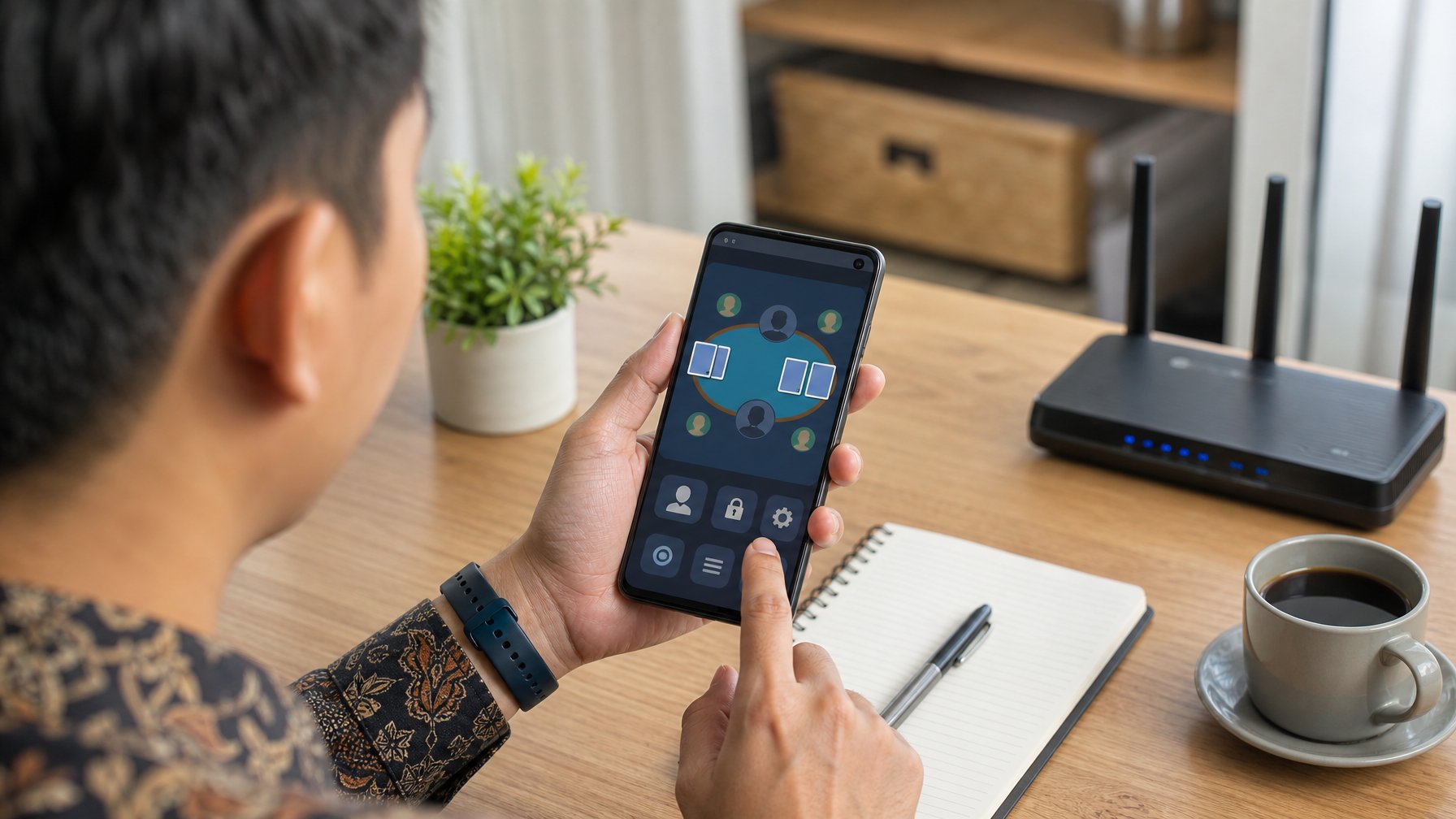 Seorang pengguna menyiapkan akses aplikasi permainan kartu digital melalui ponsel Android di meja kerja.