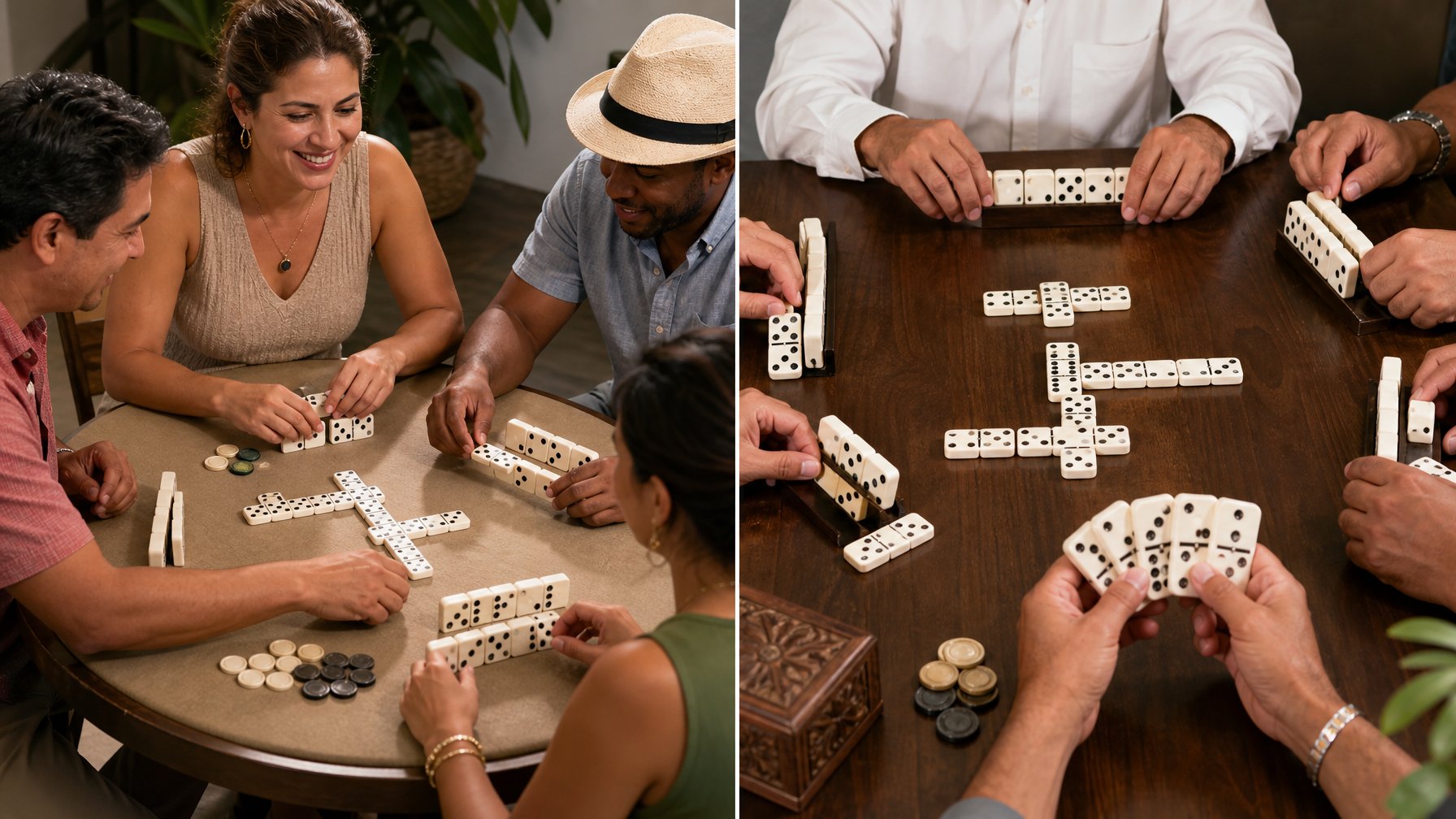 Dua kelompok orang dewasa membandingkan susunan kartu domino dalam permainan yang berbeda di atas meja.