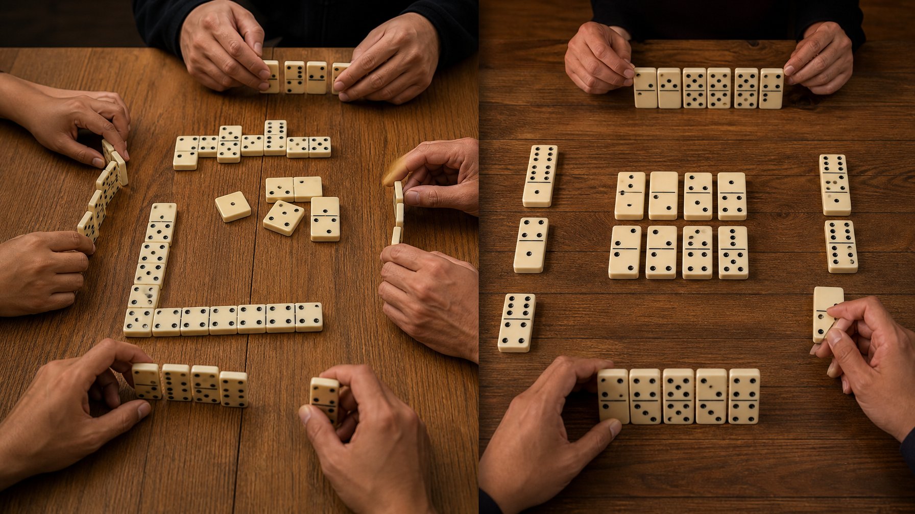 Dua susunan kartu domino diperagakan oleh beberapa tangan di atas meja untuk membandingkan cara penghitungannya.