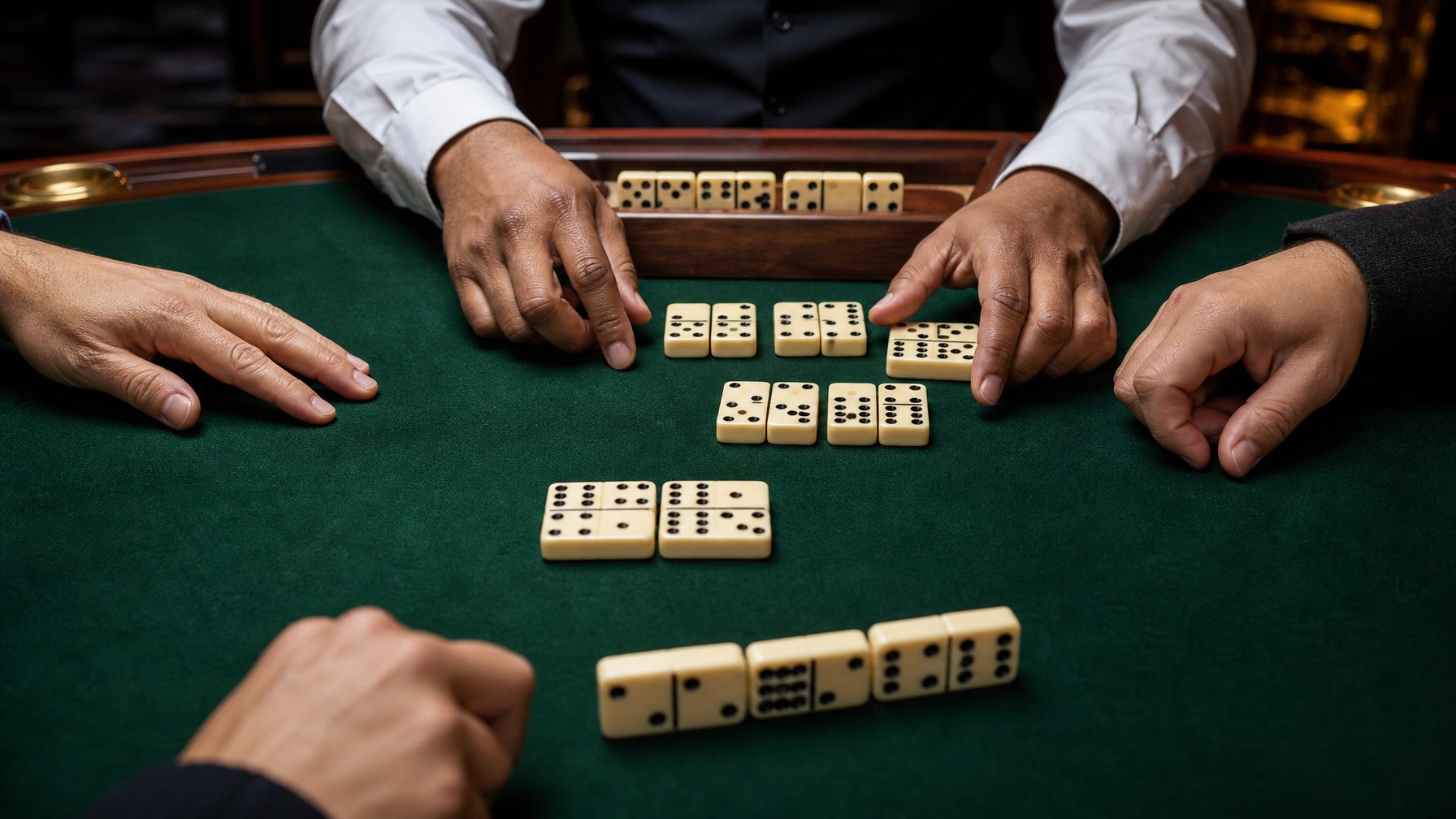 Tangan bandar dan pemain mengamati susunan kartu domino di atas meja ceme.
