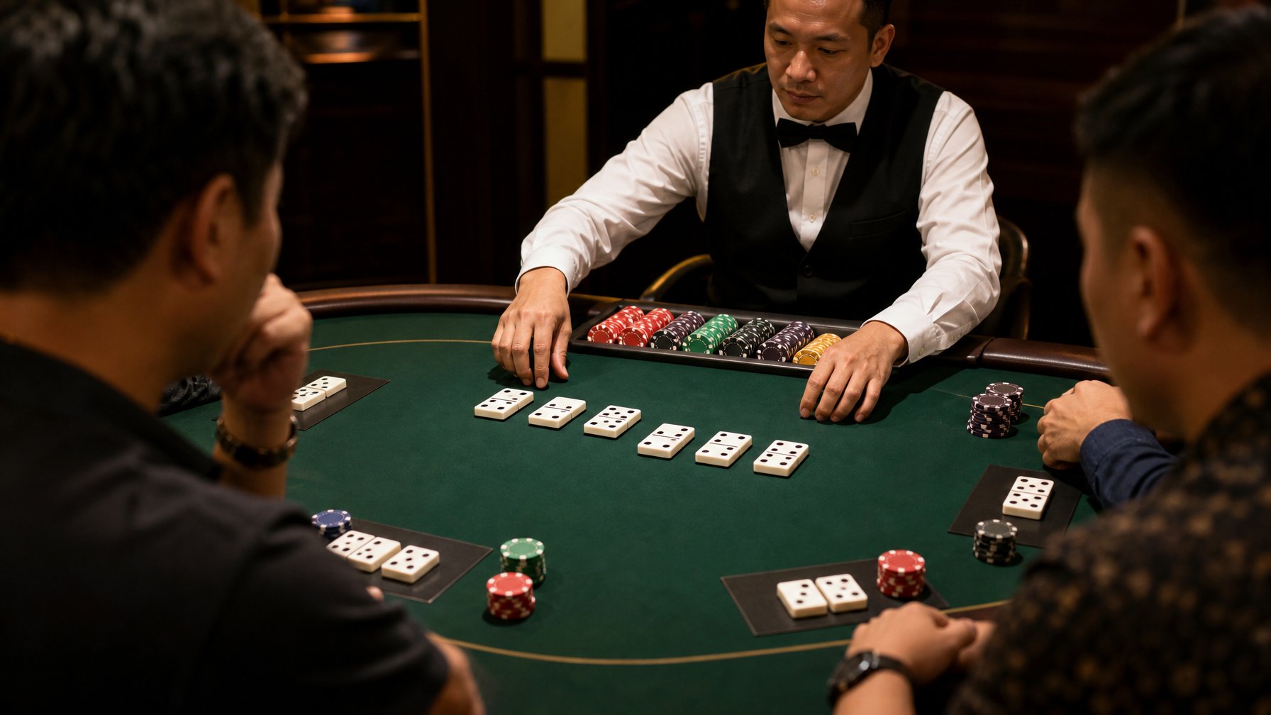Meja permainan Ceme dengan kartu domino, bandar, dan pemain yang mengamati susunan kartu dengan saksama.