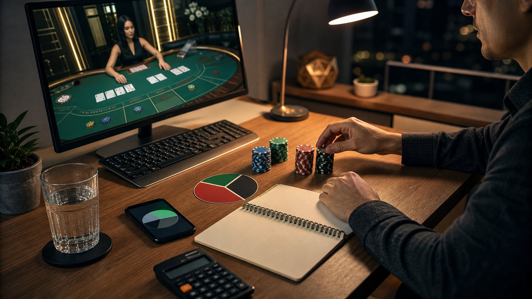 Seseorang mengatur tumpukan chip dan anggaran di meja kerja sambil melihat permainan baccarat langsung di layar.