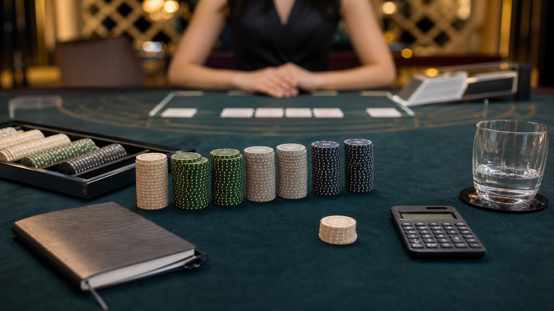 Meja baccarat dengan kelompok chip tertata, kalkulator, buku catatan tertutup, dan dealer yang tampak samar di latar belakang.