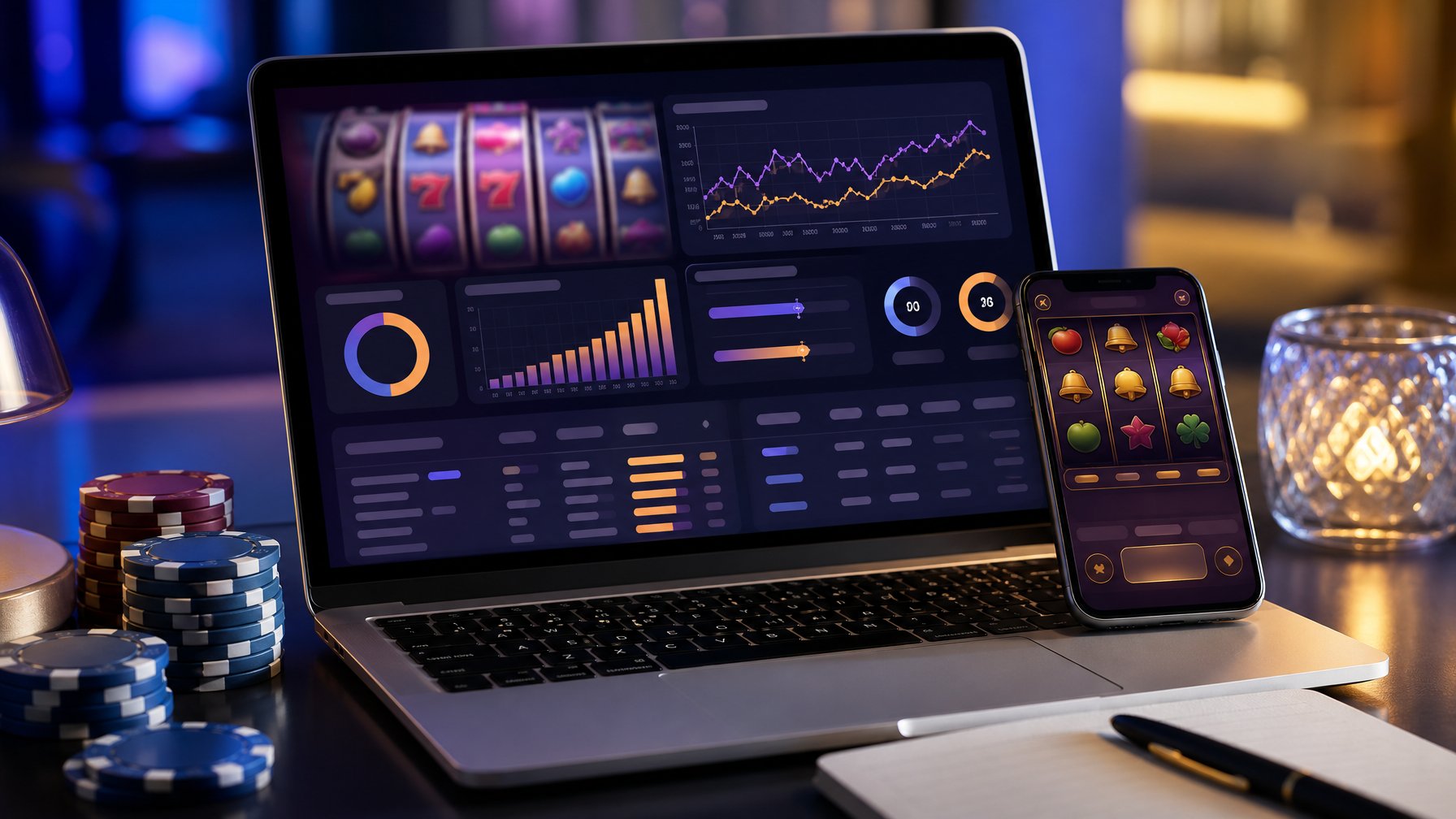 Laptop dan ponsel menampilkan antarmuka permainan slot digital dengan grafik analisis di meja modern.