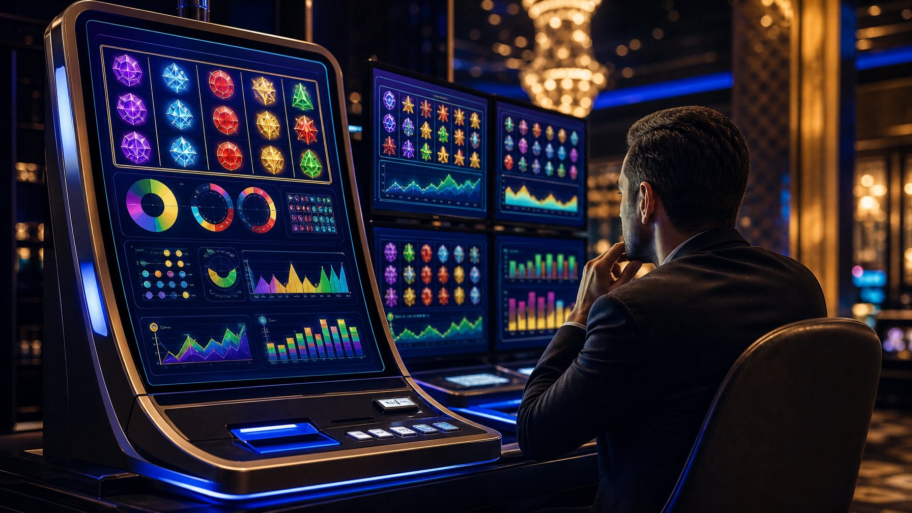 Seorang pemain membandingkan beberapa mesin slot modern dengan grafik analitis di lingkungan kasino.