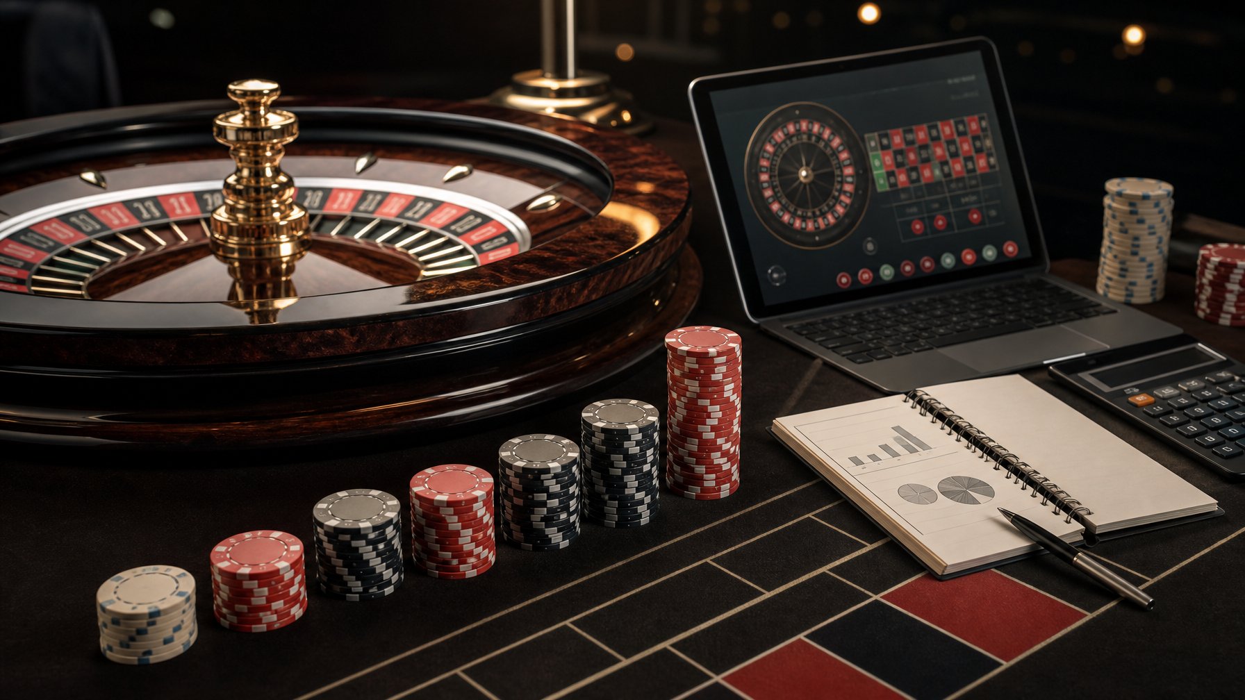 Meja roulette modern dengan roda roulette, tumpukan chip merah dan hitam, serta perangkat yang menampilkan permainan roulette tanpa tulisan.