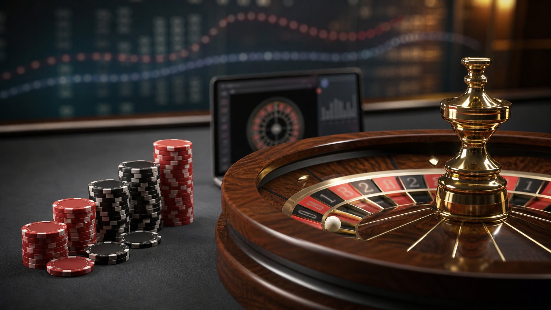 Roda roulette dengan keping taruhan merah dan hitam di meja kasino, serta perangkat digital di latar belakang.