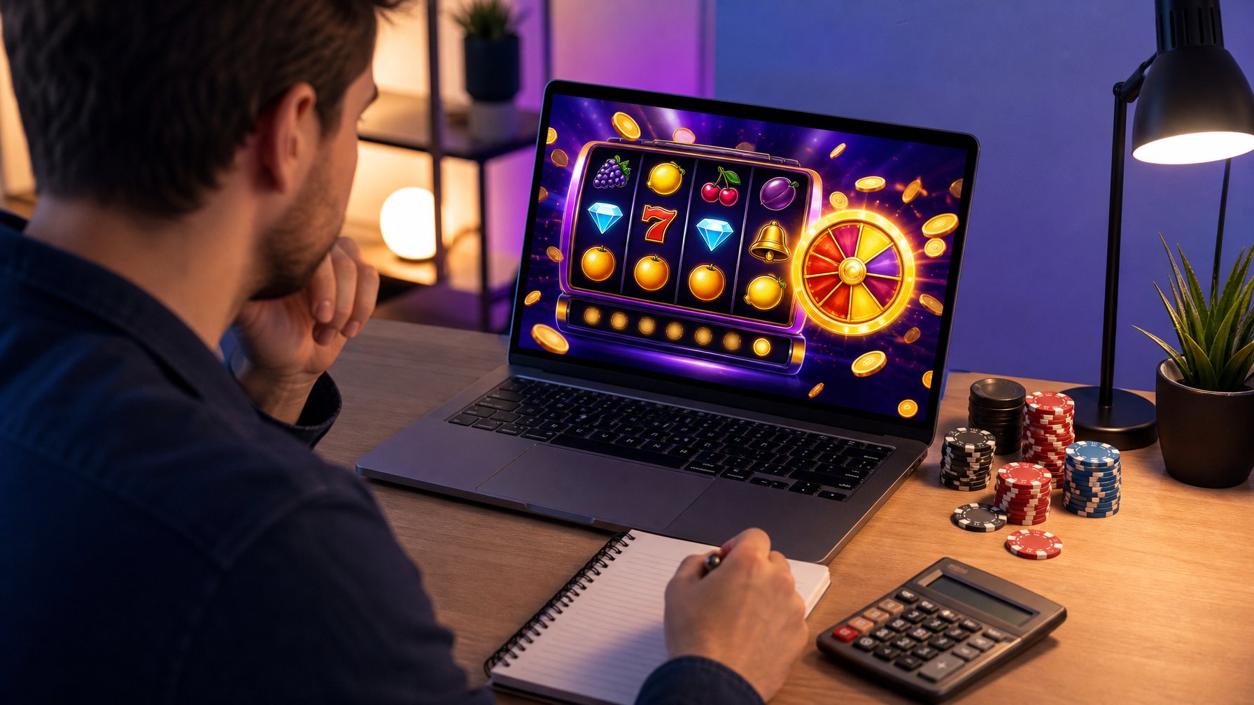 Orang dewasa menganalisis permainan slot digital di laptop dengan catatan, kalkulator, dan keping permainan di meja.
