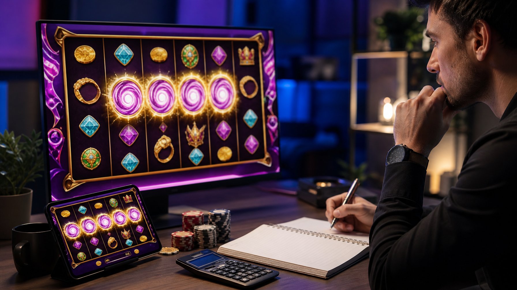 Pemain menganalisis fitur putaran gratis pada permainan slot digital di depan komputer dan ponsel.