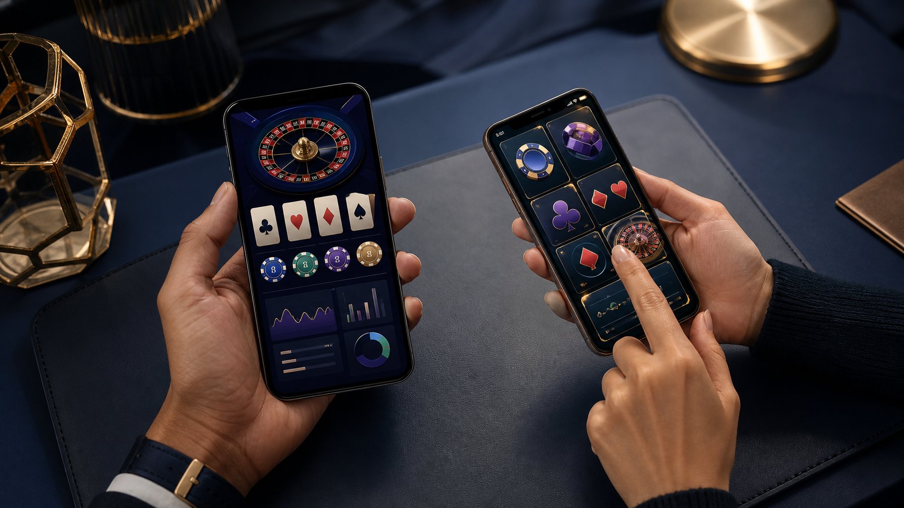 Dua ponsel menampilkan antarmuka kasino digital abstrak di atas meja modern, dengan tangan pengguna sedang berinteraksi.