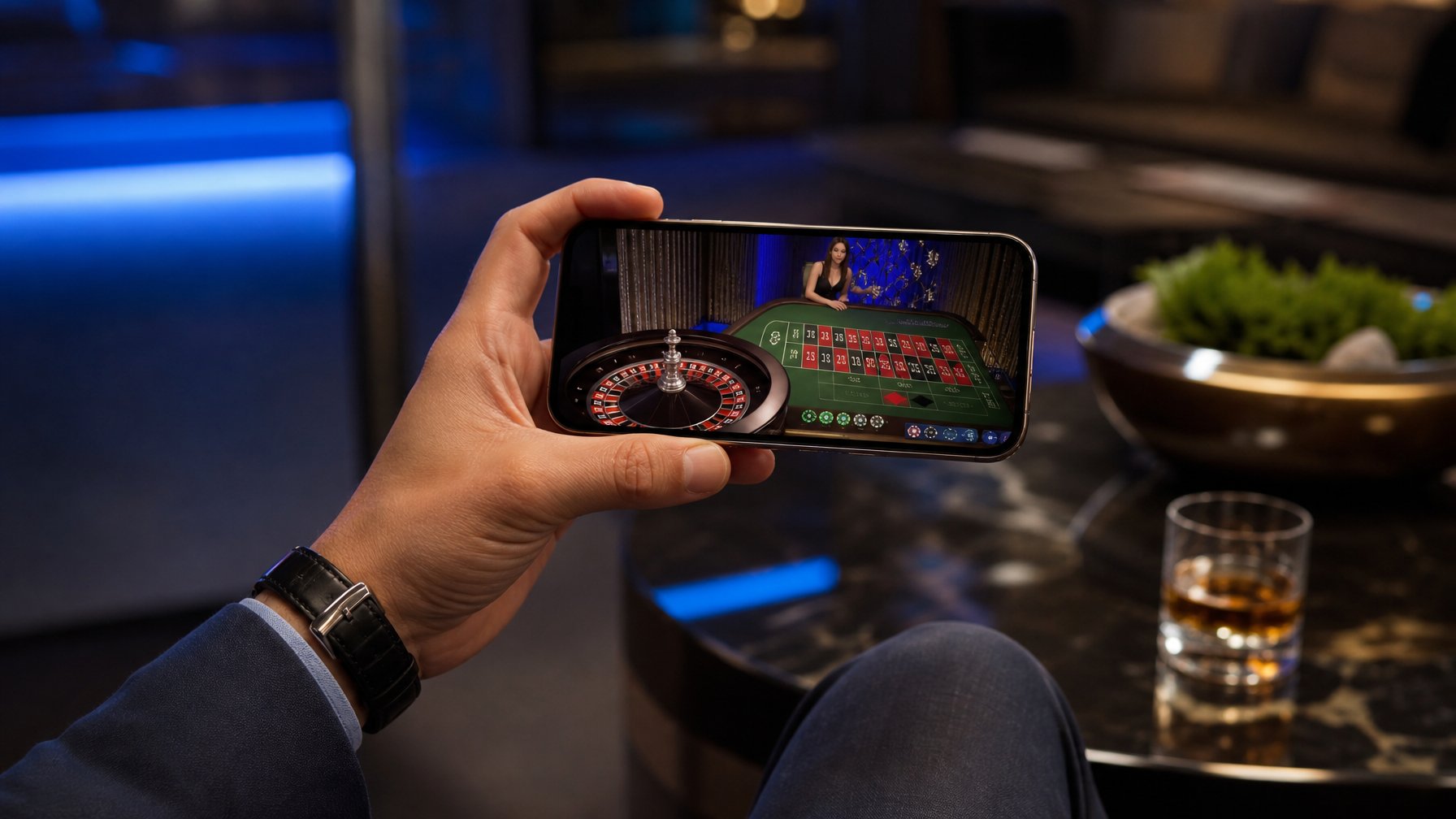 Seseorang memainkan roulette live melalui smartphone di ruang lounge yang elegan.