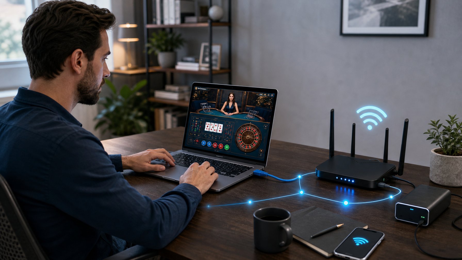 Seseorang menggunakan laptop untuk taruhan kasino online dengan router Wi-Fi dan kabel Ethernet di meja kerja.