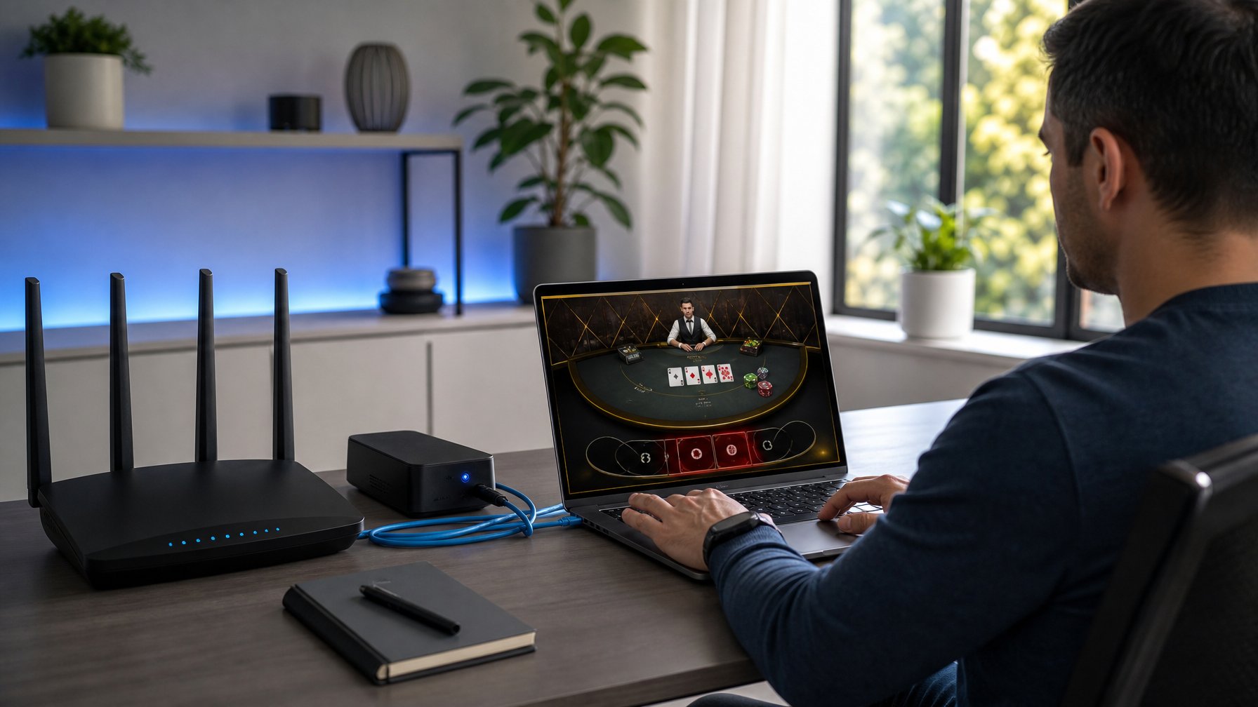 Seseorang memantau permainan kasino langsung di laptop dengan router Wi-Fi dan kabel jaringan yang tertata di meja kerja.