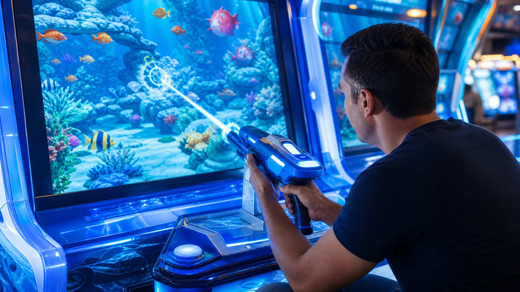 Seorang pemain fokus mengarahkan pengendali laser ke layar permainan tembak ikan di sebuah arkade modern.