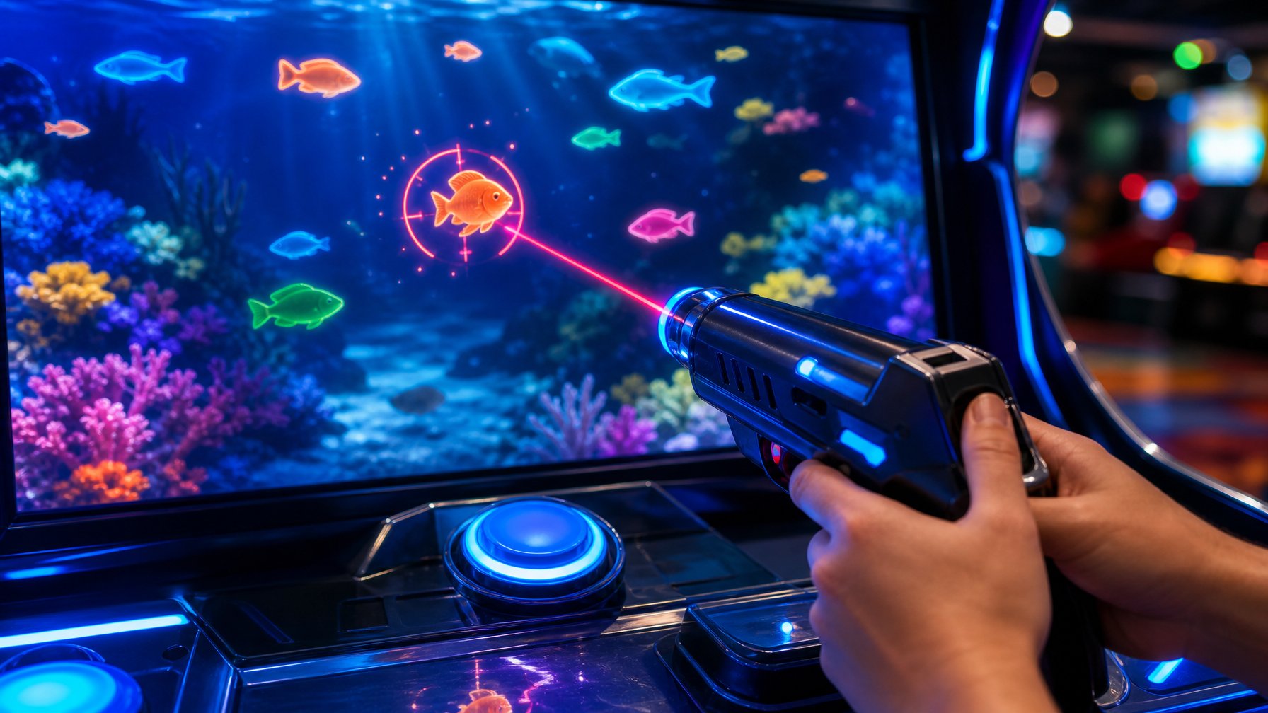Tangan pemain mengoperasikan pengendali permainan arcade bertema bawah laut dengan sinar laser yang mengarah ke ikan bercahaya.