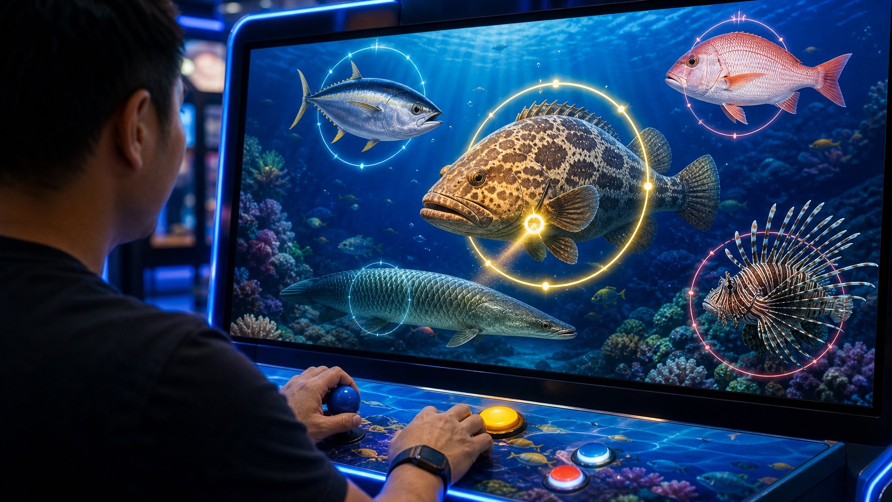 Pemain mengoperasikan permainan tembak ikan dengan beberapa ikan besar di layar bawah laut.