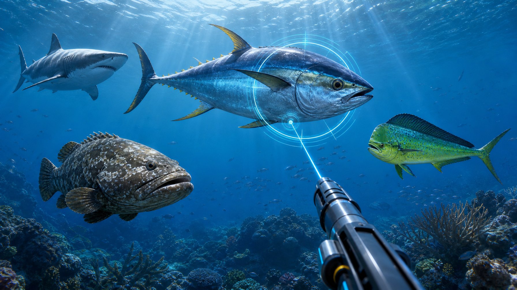 Pemandangan bawah laut dengan beberapa ikan besar dan alat bidik permainan yang mengarah ke ikan utama.