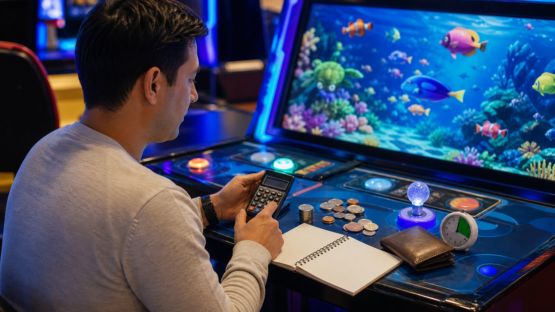 Seorang pemain mengatur uang terbatas dengan kalkulator di depan permainan arcade bertema bawah laut.