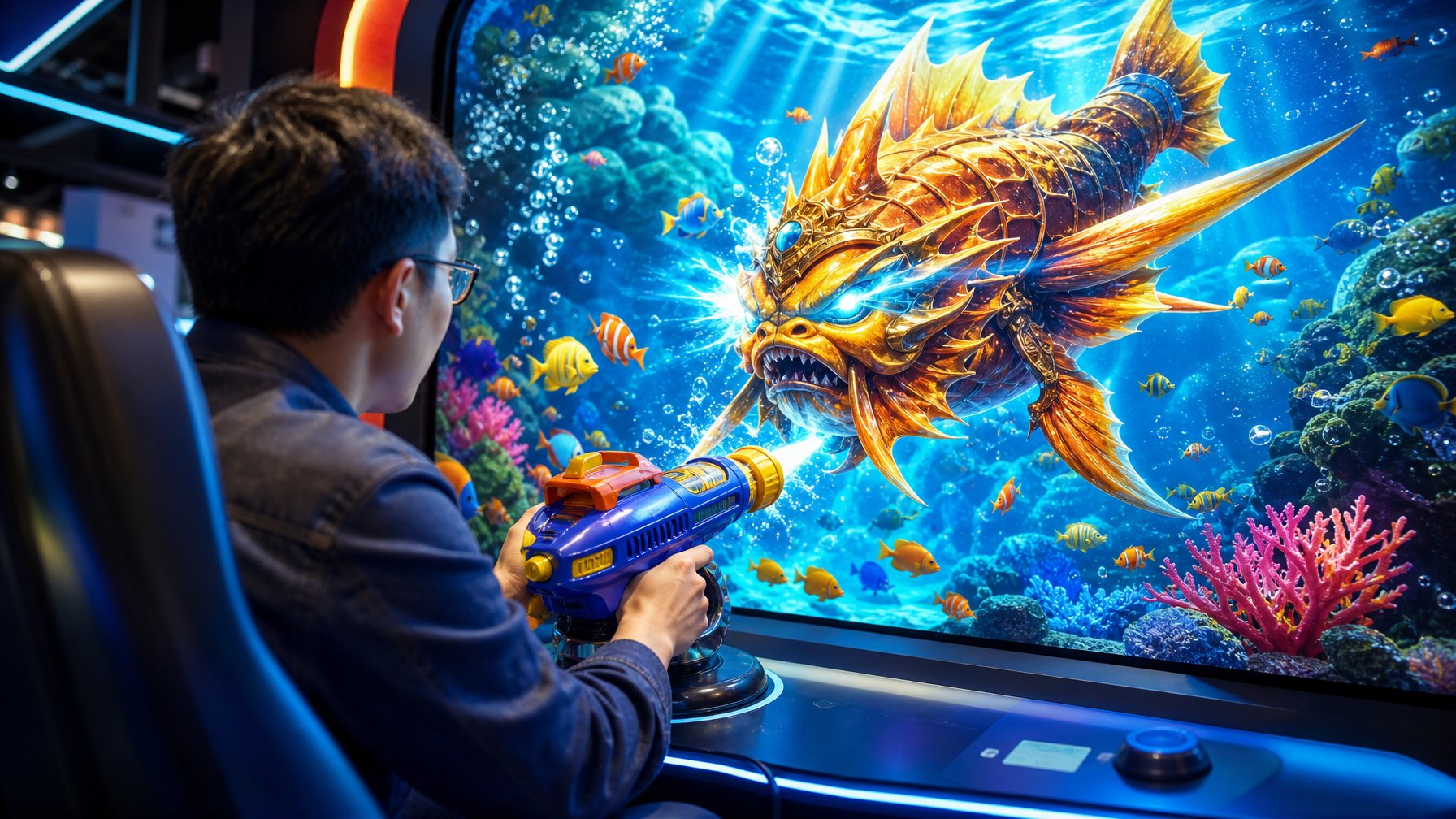 Seorang pemain membidik ikan besar dalam permainan bertema bawah laut di sebuah stasiun permainan modern.