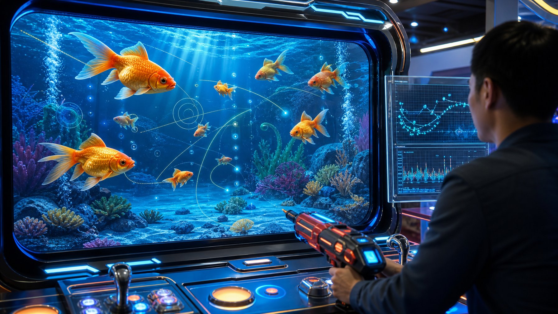 Pemain mengamati ikan emas yang bergerak dalam layar permainan arcade bertema bawah laut dengan elemen analisis visual.