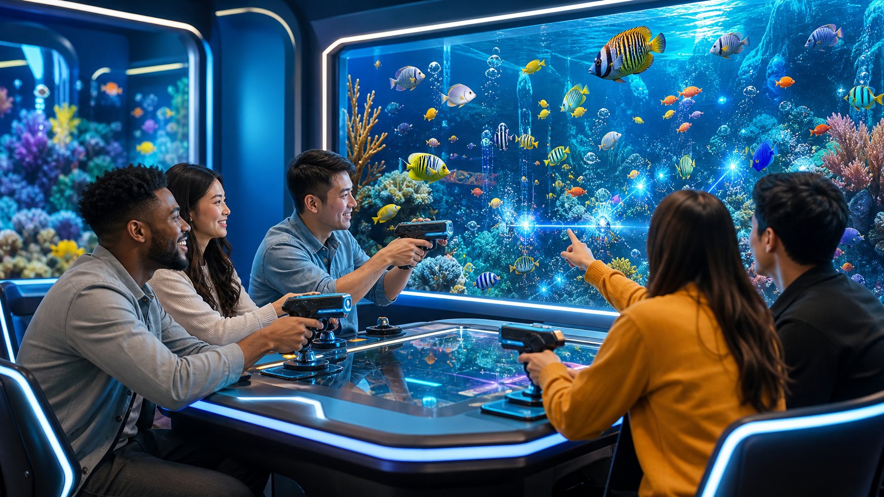 Beberapa orang dewasa bekerja sama memainkan permainan menembak ikan di meja permainan digital.