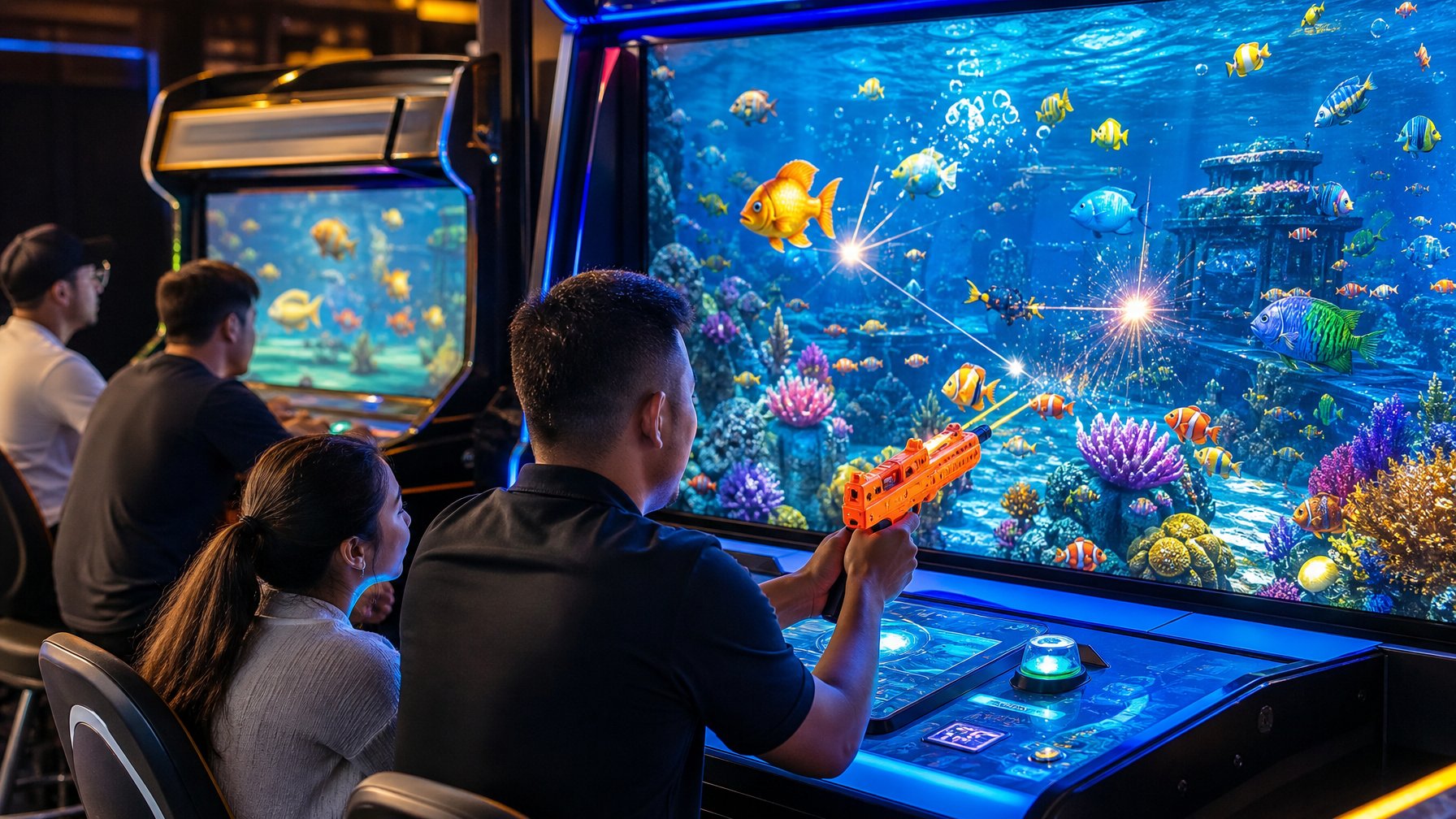 Pemain dewasa menikmati permainan tembak ikan di arena arkade modern dengan dua mesin yang menampilkan visual bawah laut berbeda.