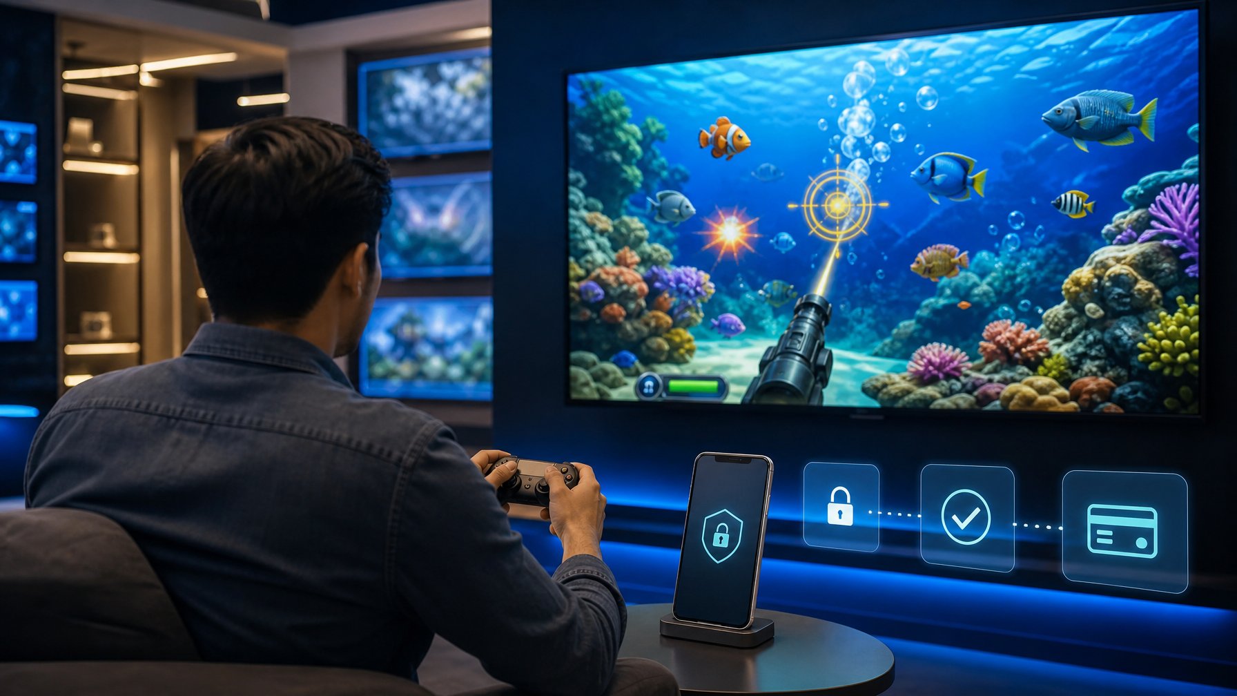 Orang dewasa memainkan permainan tembak ikan digital di ruang hiburan modern dengan layar bawah laut berwarna-warni.