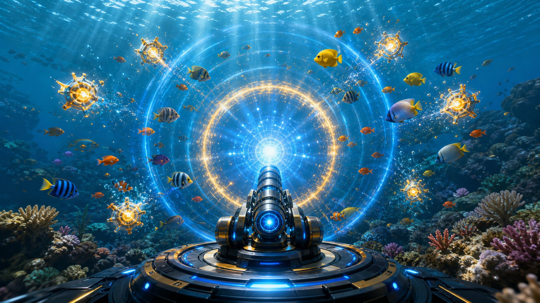 Adegan bawah laut menampilkan meriam futuristik yang memancarkan gelombang energi ke arah sekelompok ikan berwarna-warni.
