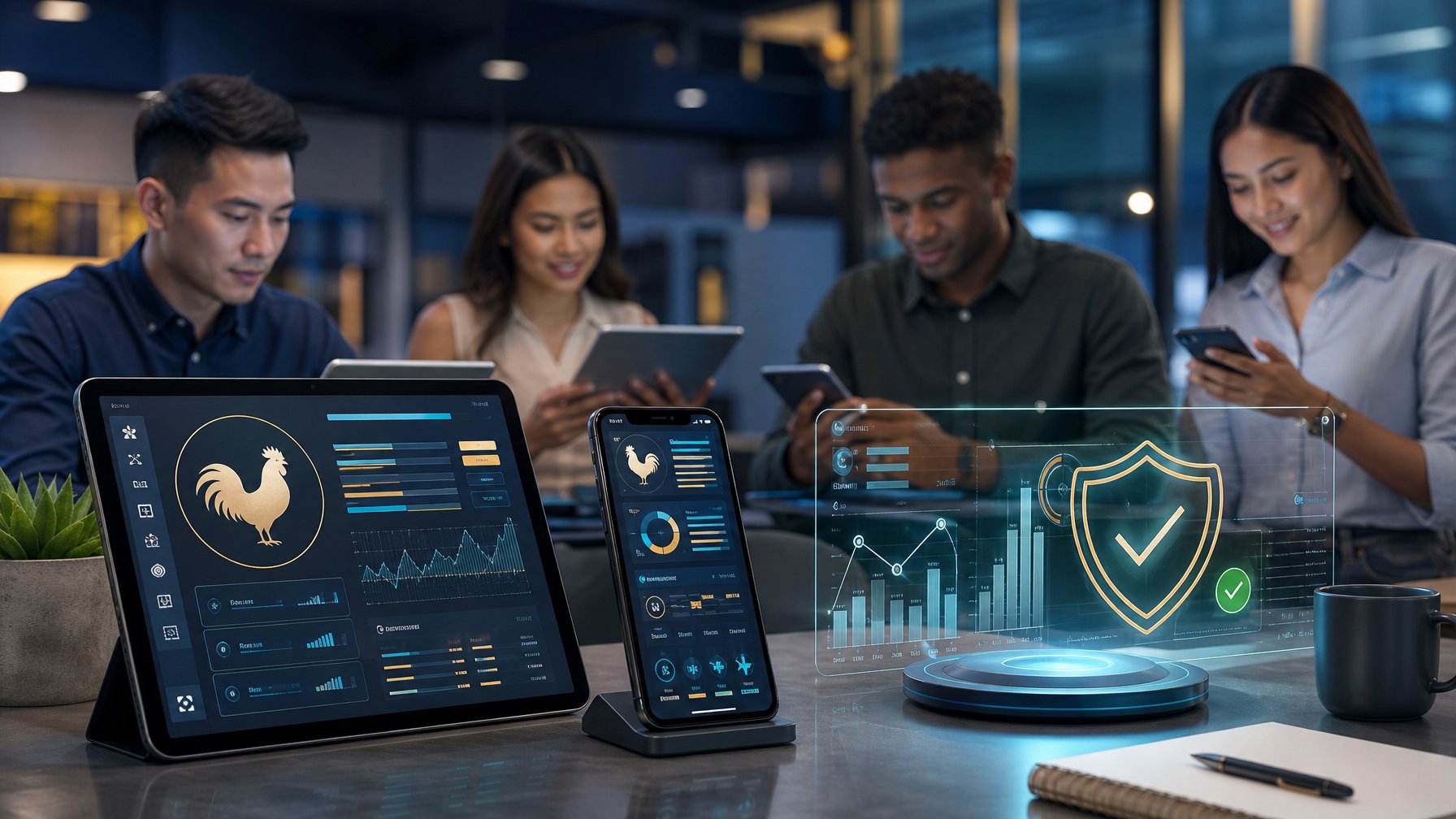 Orang dewasa menggunakan perangkat digital dengan dashboard analitik dan simbol keamanan bertema platform taruhan ayam online.