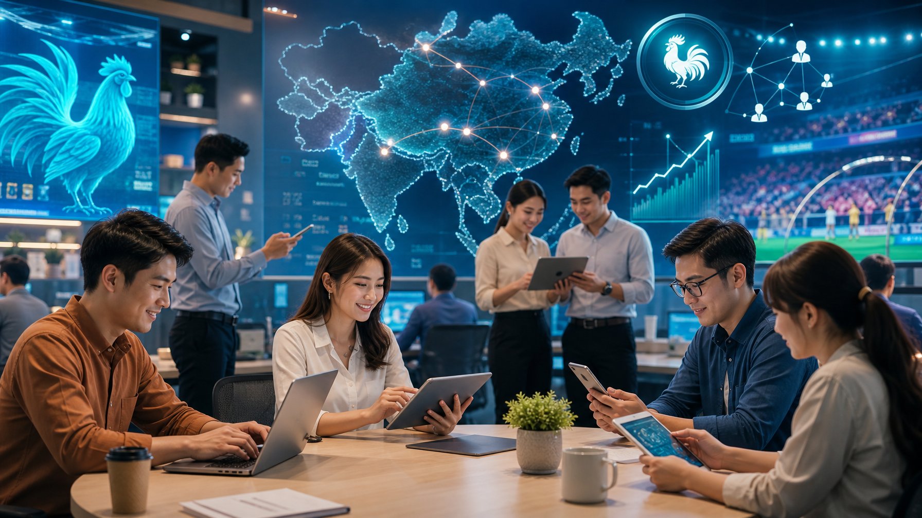 Sekelompok pengguna dewasa di Asia menganalisis pertumbuhan komunitas digital melalui perangkat teknologi dengan latar peta Asia dan jaringan data.